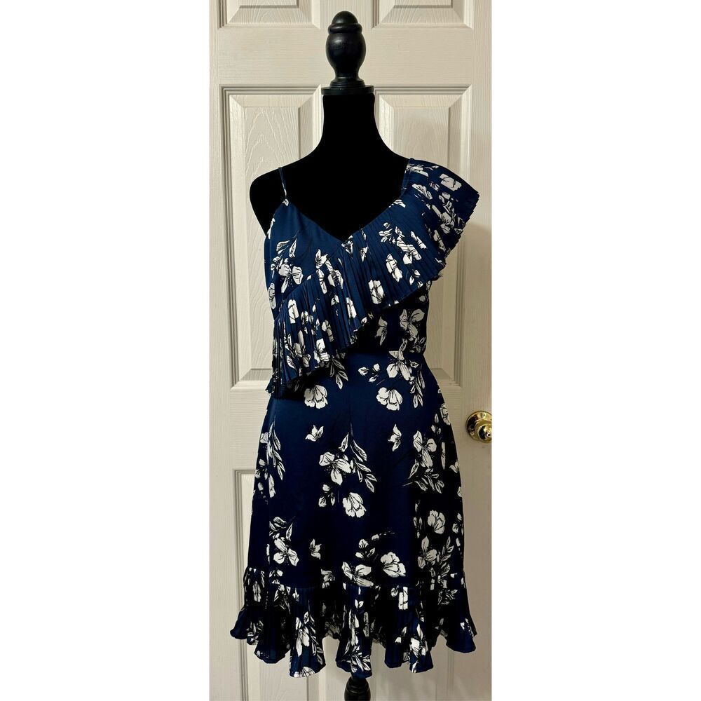 NWOT Lucy Paris Dark Blue Floral Dress Asymmetric Pleated Sleeve Lined Dress S